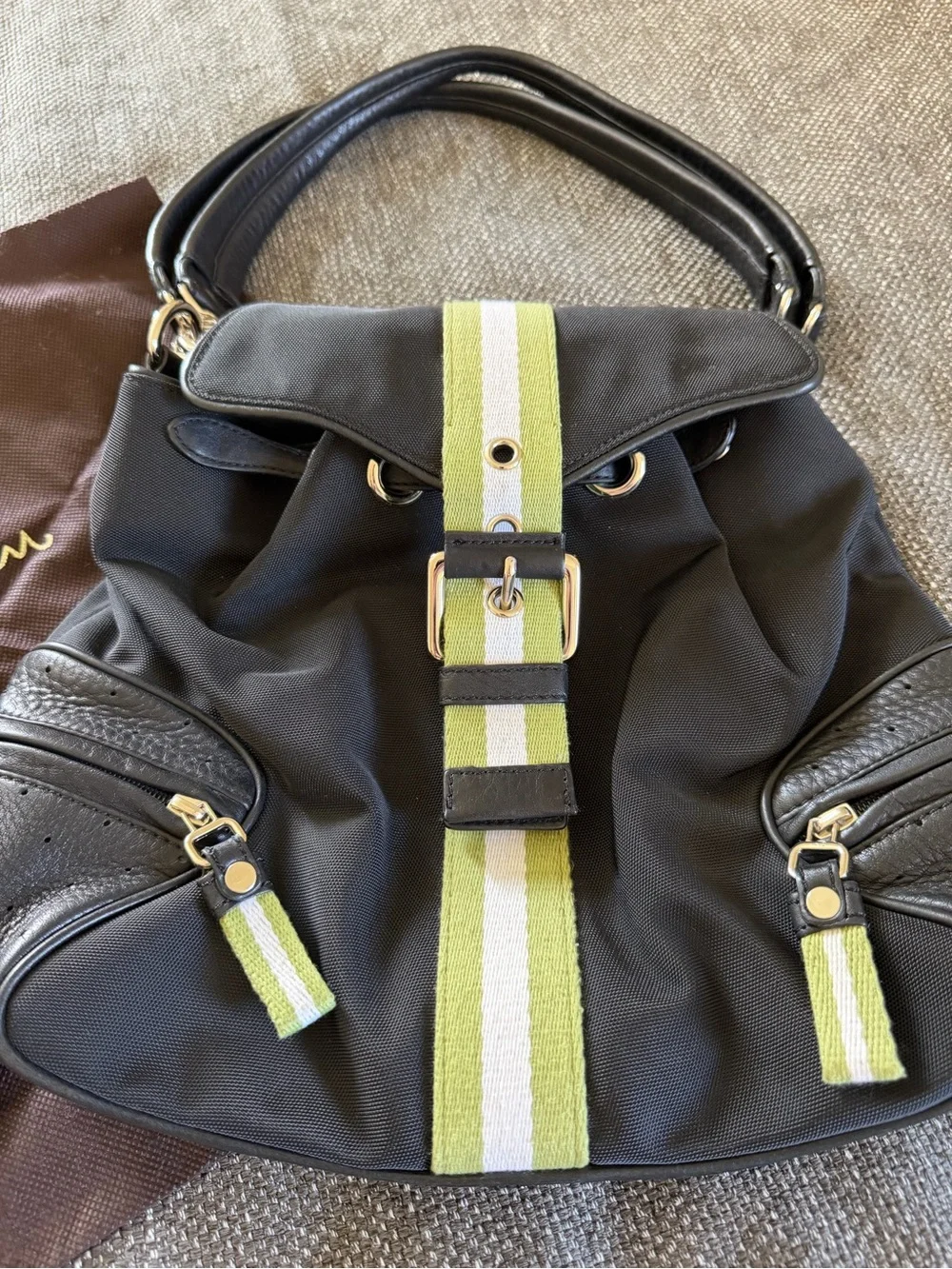 Cole Haan Black Nylon Messenger Bag with Lime and White Stripe